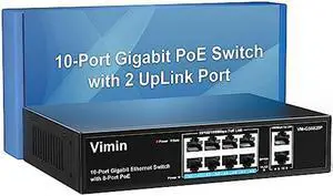 VIMIN 8 Port Gigabit PoE Switch with 2 Uplink Gigabit Ports, 10 Port Unmanaged Ethernet PoE Switch with 120W Power, Support IEEE802.3af/at, VLAN, Metal Housing, Desktop or Wall-Mount, Plug & Play