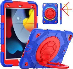 SEYMAC stock Case for iPad 9th/ 8th/ 7th Generation 10.2 inch (2019-2021), Heavy Duty Shockproof Case with Screen Protector, 360 Rotating Handle Stand, Shoulder Strap, Pencil Holder,Blue+Red