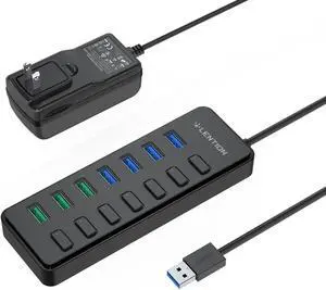 LENTION 7 in 1 Powered USB 3.0 Hub, Data Splitter, 3 Smart Charging, Individual On/Off Switches and 36W Power Adapter for MacBook, Surface, Chromebook, More (CB-H92, Black)