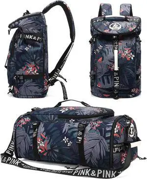 Floral gym duffel bag backpack, fashion wrestling bag,with shoe compartment, 4 kinds of back method waterproof travel sports walking laptop Lightweight (A-Floral Blue)