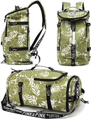 Floral gym duffel bag backpack, fashion wrestling bag,with shoe compartment, 4 kinds of back method waterproof travel sports walking laptop Lightweight (A-Floral Green)