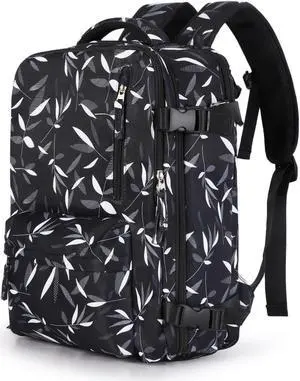 Large Travel Women Carry On Backpack,Hiking, Waterproof Outdoor Sports Rucksack Casual Daypack Fit 14 Inch Laptop with USB Charging Port Shoes Compartment, Leaves Black