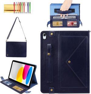 Handbag Case for iPad 10th Generation 2022, Techcircle Folio Stand PU Leather Crossbody iPad 10th 10.9-inch Cover with Hand Strap+Shoulder Strap, Multi-Card Slots Envelope Pocket Wallet Case, Navy