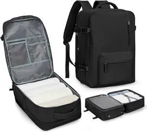 Large Travel Laptop Backpack, Expandable Flight Approved Backpack, Carry on Backpack for Women, Waterproof 17inch Laptop Hiking Backpack with Shoe Compartment, Black