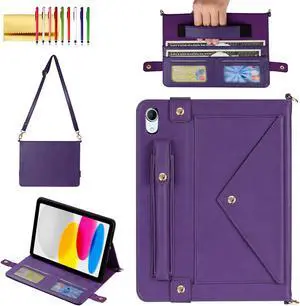 Handbag Case for iPad 10th Generation 10.9", Techcircle Folio Stand PU Leather Crossbody iPad 10th Gen 2022 Cover with Pencil Holder+Card Slots Wallet Case with Shoulder Strap+Hand Strap, Purple