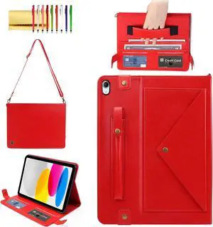 Handbag Case for iPad (A16) 11" 2025 & iPad 10th Gen 10.9", Techcircle Folio Stand PU Leather Multi-Card Slots Envelope Pocket Wallet Cover with Hand Strap+Shoulder Strap+Pen Holder, Red