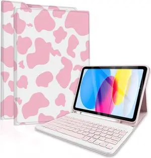 TopPerfekt for iPad 10th Generation Keyboard Case 10.9 inch 2022, Detachable, Rechargeable, Magnetically Absorbent, Auto Sleep/Wake, Pencil Holder for iPad 10.9 inch Case with Keyboard - Pink Cow