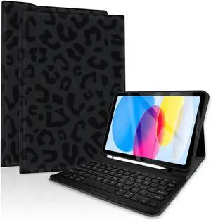 TopPerfekt Case Keyboard for iPad Gen 11th (A16) 11-inch 2025 / iPad 10th 10.9-inch 2022Detachable, Rechargeable, Magnetically Absorbent,Pencil Holder for 10.9 inch Case with Keyboard- Black Leopard