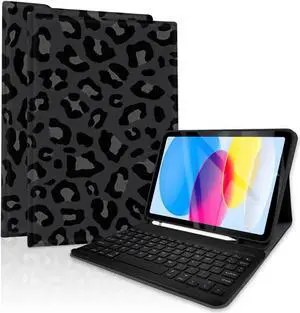 TopPerfekt Case Keyboard for iPad 11th (A16) 11-inch 2025 / iPad Gen 10th 10.9in 2022, Detachable,Rechargeable, Magnetically Absorbent, Pencil Holder for 10.9 inch Case with Keyboard-Leopard BlackGrey