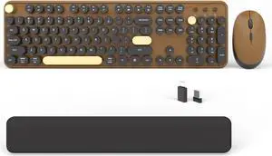Wireless Computer Keyboards Mouse Combos, COVEVA Colorful Typewriter Retro Keyboard with Round Keycaps, USB Keyboard and Mouse Set 2.4GHz Full-Size Wireless Keyboard and Optical Mouse(Black-Coffee)