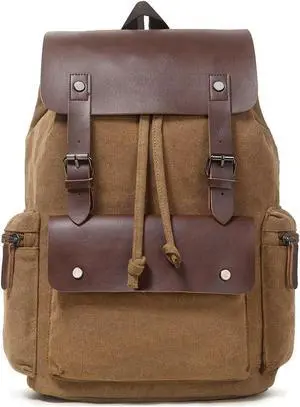 Vintage Backpack, Canvas Leather Laptop Daypack for Men Women, Travel Rucksack Knapsack College Computer Bag Vegan Bookbag Fits 15.6 Inch Laptop, Brown