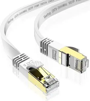 Veetop Ethernet Cable, 49.2FT Network Cable High Speed Flat Cat 8 LAN Cable, Weatherproof, with Gold Plated RJ45 Connector, 40Gbps Compatitable for Laptop Router Modem Switch Box(White)