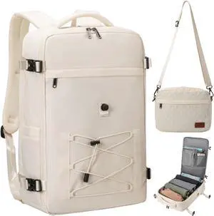 Evmyo 40L Waterproof Travel Backpack for Men & Women, Airline Approved Carry on Laptop Backpack, 17.3 Inch, with Detachable Crossbody Bag,Beige