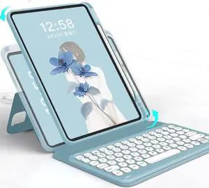 GOOVEN iPad Air5/Air4/Pro11 Magnetic Detachable BT Keyboard - Transparent Back Cover, Vertical Kickstand (Misty Blue)