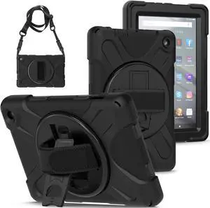360° Rotatable case for Fire7 2022 12th Generation 7 '' Detachable Shoulder Strap/Hand Strap/Rotating Kickstand Shockproof dustproof Sturdy Protective case (Fire7 2022, Black)
