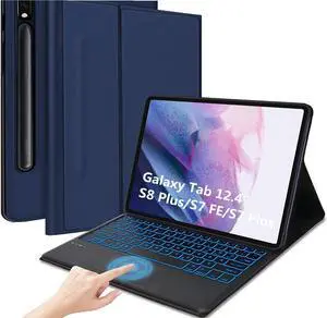 Keyboard Case for Galaxy Tab S8 Plus 12.4"- Smart Trackpad - 7 Colors Backlight- Magnetic Detachable Keyboard with S Pen Holder- Protective Stand Cover for Tab S7 FE 2021 & S8 Plus 2022 - Drak Blue