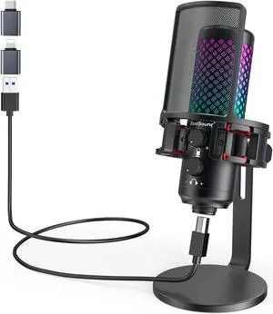 ZealSound USB Microphone for iPhone iPad Phone PC,RGB Gaming Microphone with Full Metal,Mute,Pop Filter,Gain for Podcasting,Streaming,YouTube,Voice Over