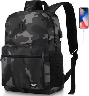 YAMTION School Backpack,Classic Bookbag Men and Teen Boy Schoolbag with USB Charging Port for High School College Office Work Travel