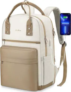 YAMTION 17 Inch Laptop Backpack for Women Bookbag School Backpack with Charger,Aesthetic Computer Backpacks for High School Teen Girls Office College Students Nursing Work,Mochila Mujer,Beige