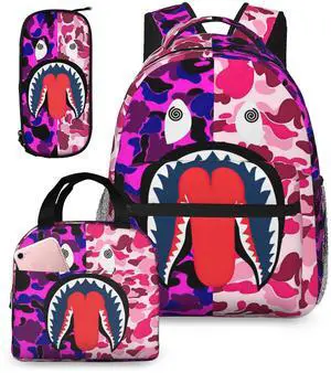 YBYGBB Backpack Shark Teeth Camo Backpacks Set with Lunch Box Pencil Case Travel Laptop Daypack Big Capacity Bookbag Fashion Durable Back Pack PINK