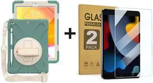 ZenRich Bundle for iPad 9th/8th/7th Gen 10.2'': 2-Pack Anti Blue Light Tempered Glass Screen Protectors &Rugged Full-Body Case, Emerald Green