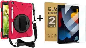 ZenRich Bundle for iPad 9th/8th/7th Gen 10.2'': 2-Pack Anti Blue Light Tempered Glass Screen Protectors &Rugged Full-Body Case, Red