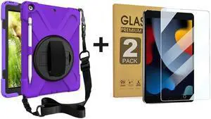 ZenRich Bundle for iPad 9th/8th/7th Gen 10.2'': 2-Pack Anti Blue Light Tempered Glass Screen Protectors &Rugged Full-Body Case, Purple