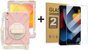 ZenRich Bundle for iPad 9th/8th/7th Gen 10.2'': 2-Pack Anti Blue Light Tempered Glass Screen Protectors &Rugged Full-Body Case, Sakura Pink