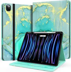 Zonefoker Case for New iPad Pro 12.9 inch 6th/5th/4th/3rd generation 2022/2021/2020/2018, 12.9'' ipad Pro Leather Folio Protective Cover 6/5/4/3 Gen with Pencil Holder, Auto Wake/Sleep, Marble Green