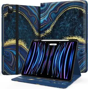 Zonefoker Case for New iPad Pro 12.9 inch 6th/5th/4th/3rd generation 2022/2021/2020/2018, 12.9'' ipad Pro Leather Protective Cover 6/5/4/3 Gen with Pencil Holder, Auto Wake/Sleep, Marble Ocean Blue