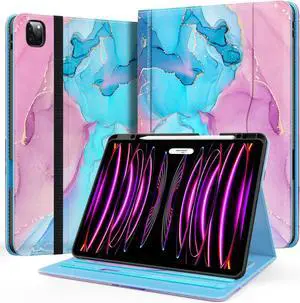 Zonefoker Case for New iPad Pro 12.9 inch 6th/5th/4th/3rd Generation 2022/2021/2020/2018, 12.9'' ipad Pro Leather Protective Cover 6/5/4/3 Gen with Pencil Holder, Auto Wake/Sleep, Marble Teal Pink