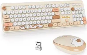 GTSP Creamy Wireless Keyboard and Mouse, Typewriter Office Full-Sized Colorful 2.4G Cute Aesthetic Keyboard for Computer, Laptop, PC DesktopsBrown