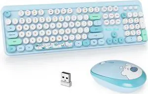 GTSP Typewriter Wireless Keyboard Mouse Combo, Cute Keyboard 2.4G Office Full-Sized Retro Keyboard with Round Keycaps for Laptop PC Desktops(Blue)