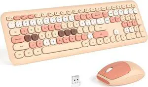 KNOWSQT Wireless Keyboard and Mouse Combo, Pale Milktea Full-Sized 2.4G Silent Keycap Colorful Keyboards, USB Dongle Plug Play, Laptop, Windows, PC, Mac, Desktop