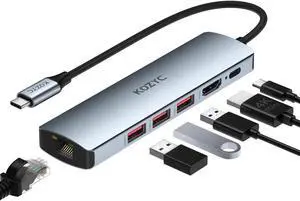 USB C Hub Ethernet Multiport Adapter, KOZYC 6 in 1 USB C to HDMI Dock with HDMI 4K 60Hz, 1Gbps RJ45 Ethernet, 3 USB 3.2 Data Ports, 100W PD Compatible with MacBook Air/Pro, XPS13/15, Dell