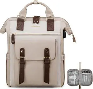 LOVEVOOK Laptop Backpack for Women, Teacher Nurse Bag Work Travel Computer Backpacks Purse,Water Resistant Daypack with USB Charging Port,Nude Beige 15.6in