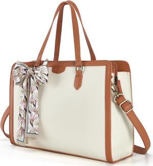 Missnine Laptop Bag for Women 15.6 Inch Laptop Tote Bag Briefcase Handbag 3-Layer Compartments Beige Work Purse for Office, Travel