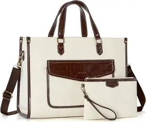 Missnine Tote Bag Canvas Laptop Bag for Women 15.6 inch Casual Work Bags with Clutch Purse Computer 2 PCS Set (Croc-embossed Coffee)