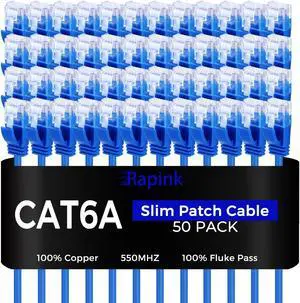 Rapink Patch Cables Cat6a 1ft (50 Pack) Slim, Cat6a Ethernet Patch Cable 10G Support, Snagless Cat 6 Patch Cable for Patch Panel to Switch, Flexiable Cat 6a Ethernet Cable with Gold Plated