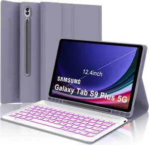 Keyboard Case for Samsung Galaxy Tab S9+ Plus 12.4 inch - 7 Colors Backlit, Magnetic Detachable, Bluetooth Connection, Auto Sleep/Wake Up Smart Case (Purple/Grey)