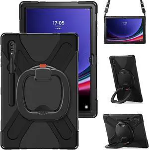 360 Rotation Case for Samsung Galaxy S9 Ultra 14.6'' 2023/S8 Ultra 14.6'' 2022,with Shoulder Strap S Pen Holder Rotatable Kickstand/Handle Rugged Silicone Case (Balck)