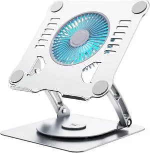 SHUWEI 360deg Rotating Laptop Cooling Stand with 3 Speed Fan, Adjustable Height Laptop Stand for Desk, Ergonimic Aluminum Laptop Cooling Pad for 10-15'' Notebook - Silver