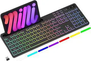 Soueto Wireless Keyboard with 7-Color RGB Backlit, Full-Size Computer Keyboard with Phone Tablet Holder, Rechargeable 2.4G Wireless Gaming Keyboard with Light Up Keys, Compatible with Mac, Windows