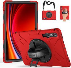 SUPFIVES Case for Galaxy Tab S10 Ultra 14.6 inch 2024, Tablet S9 Ultra 2023 Upgraded Military Liquid Silicone 3 Layers Protection with+Handle+ Rotating Stand+ S-Pen Holder+ Shoulder Strap- Red