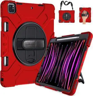 SUPFIVES Case for iPad Pro 12.9 2022 6th Generation: Upgraded Military Grade Three Layer Heavy Duty Cover for Pro 12.9 5th Gen 2021 with Pencil Holder-Handle-Stand-Shoulder Strap (Red)