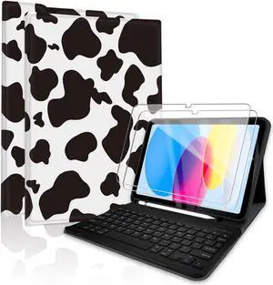 TopPerfekt for iPad 10th Gen 10.9 inch (2022) case (A16) 11th/10th Gen Case 11'' (2025) Bluetooth Keyboard Case with Screen Protector, Pencil Holder with 2 Pack 9H Hardness Tempered Glass - Black Cow