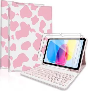 TopPerfekt for Bluetooth Keyboard iPad 10th Gen 10.9 inch (2022) case (A16) 11th/10th Gen Case 11''(2025) Case with Screen Protector, Pencil Holder with 2 Pack 9H Hardness Tempered Glass - Pink Cow