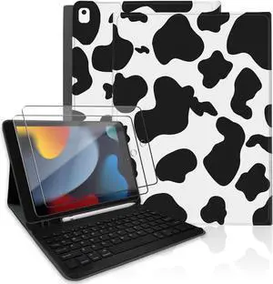 TopPerfekt for iPad 9th Generation Keyboard Case 10.2" 2021, Magnetically Absorbent, Auto Sleep/Wake, Pencil Holder with 2 Tempered Film for iPad 8th/7th Gen 10.2" - Black Cow