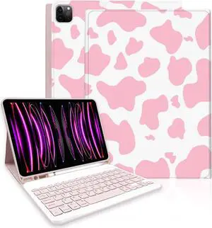 TopPerfekt for iPad Pro 11" 4th/3rd/2nd/1st Gen (2022/2021/2020/2018) Keyboard Case, Magnetically Absorbent, Auto Sleep/Wake, Support 2nd Gen Pencil Wireless Charge, with Pencil Holder - Pink Cow