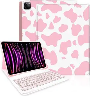 TopPerfekt Keyboard Case for iPad Pro 12.9" 6th/5th/4th/3rd Gen (2022/2021/2020/2018), Magnetically Absorbent, Auto Sleep/Wake,Support 2nd Gen Pencil Wireless Charge, with Pencil Holder - Pink Cow